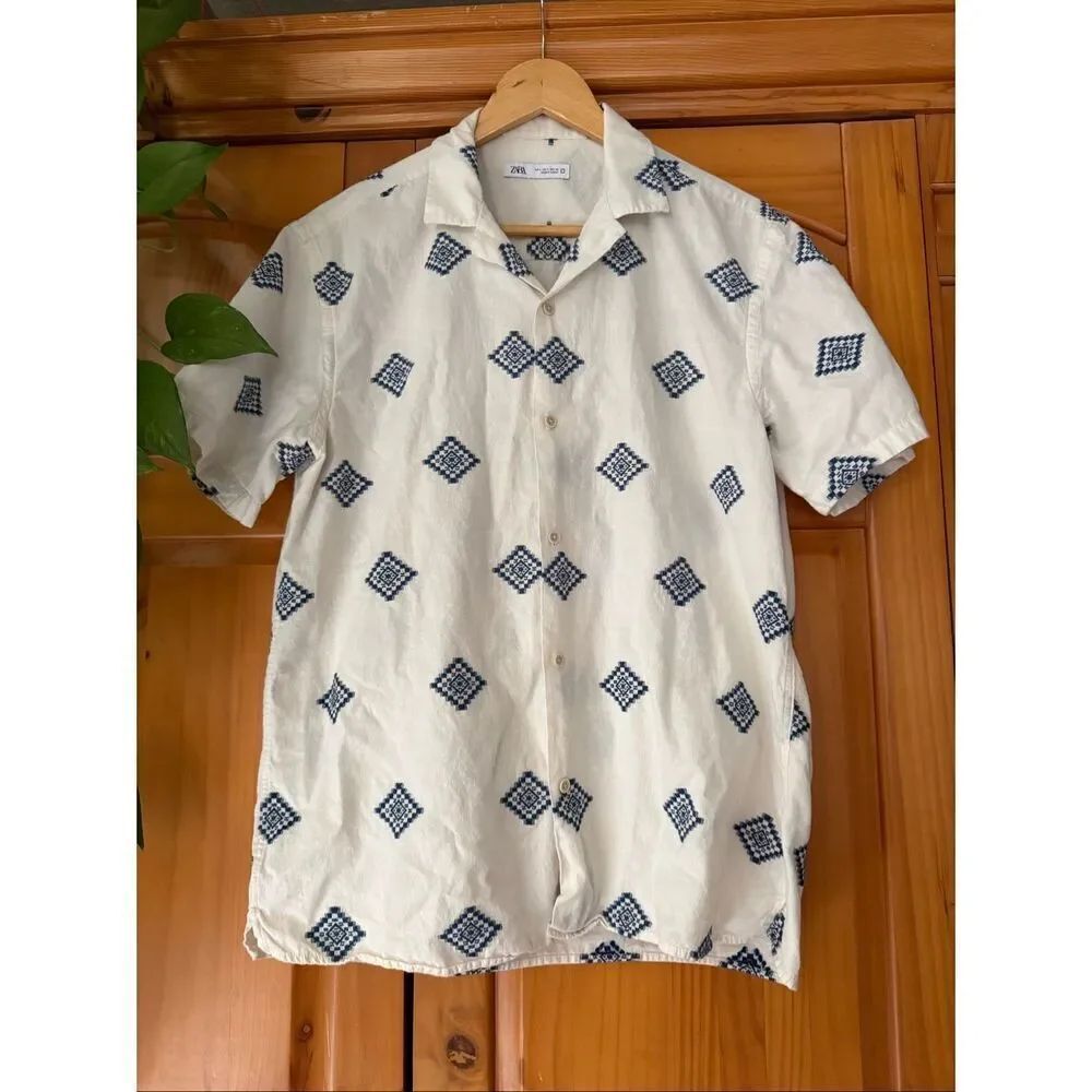 ZARA Men’s White Short Sleeve Button-Up Shirt Blue Geometric  Linen Blend L